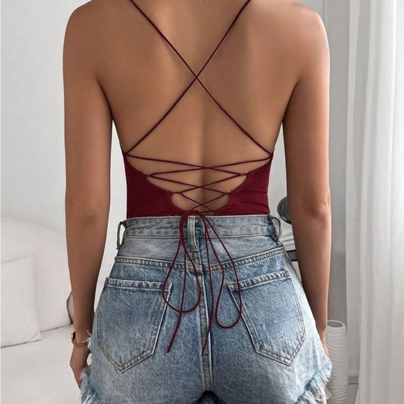 SHEIN Burgundy Strappy Backless Bodysuit - Picture 3 of 7